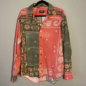 Vintage Red & Green Bandana Print Long Sleeve Button Up Western Shirt